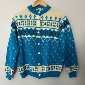 Winkelmans Vintage Made in Italy Virgin Wool Fair Isle Cardigan Blue White 38